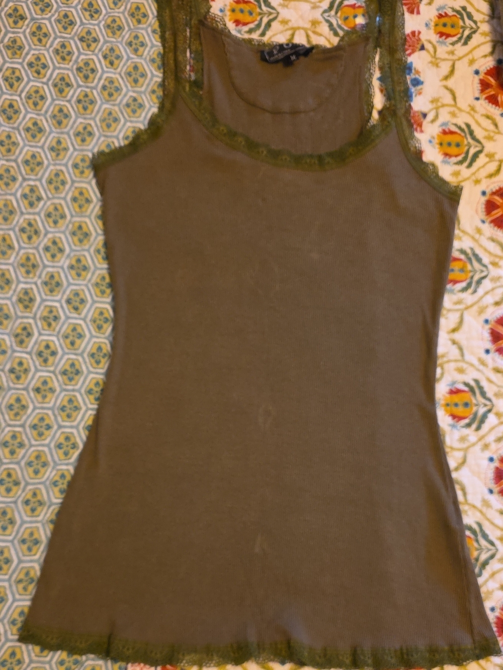 POL Olive Lace-Trim slightly distressed Ribbed Tank Top